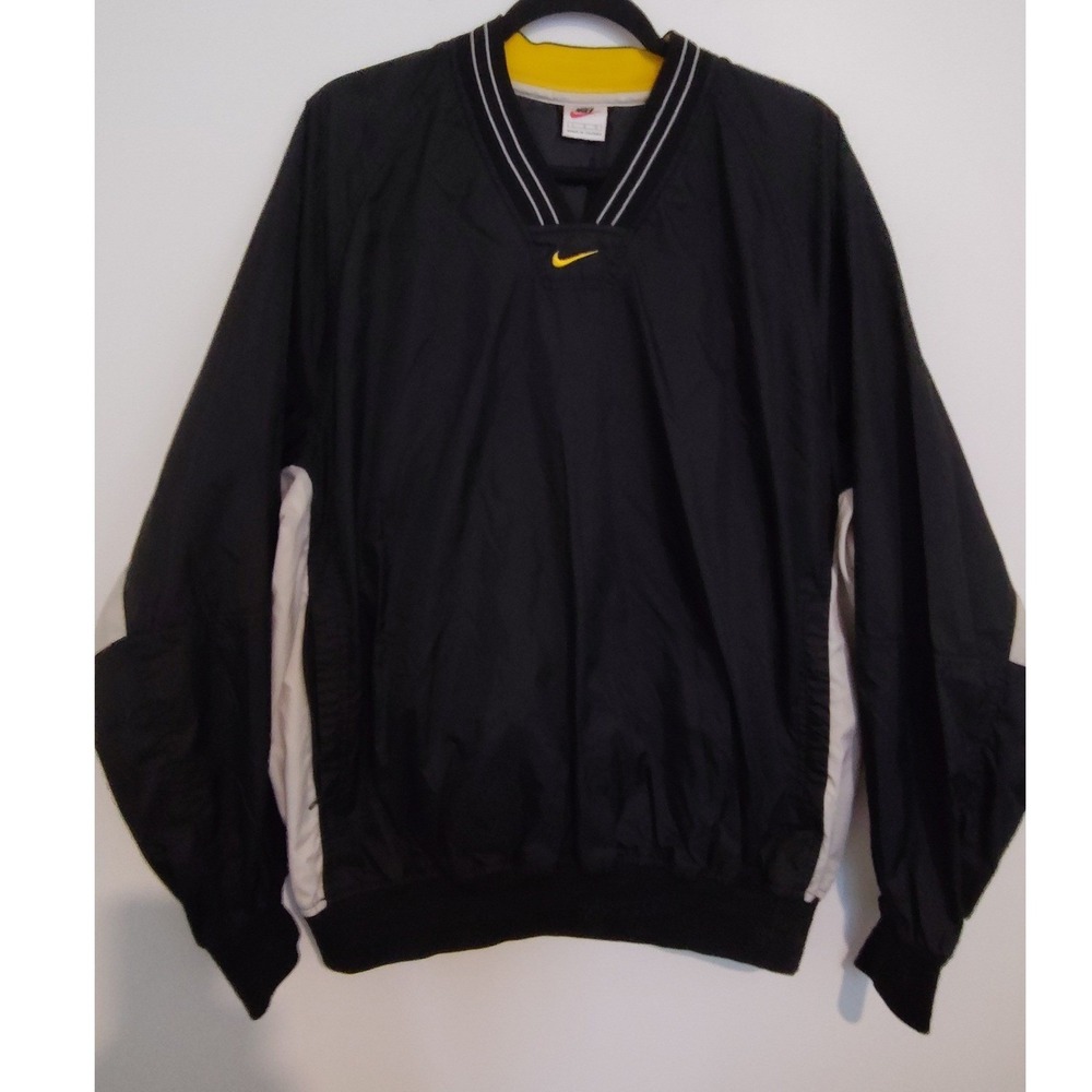 Vintage Nike V Neck Windbreaker Pullover Jacket Black Yellow Mens Large
